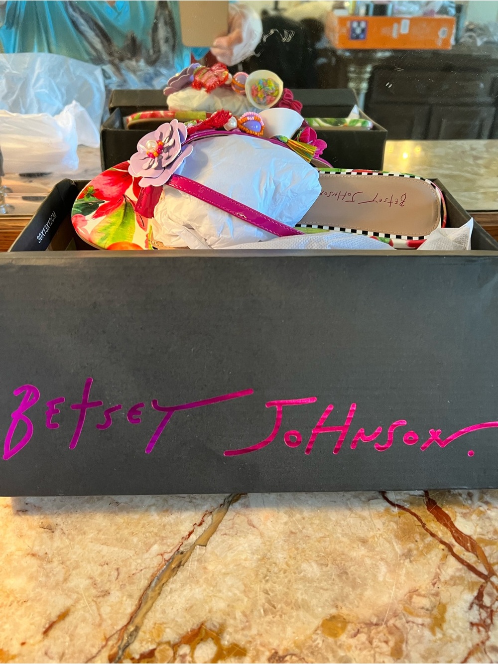 Betsey Johnson Pink Multi Floral Beaded Slide Sandals - Picture 6 of 14